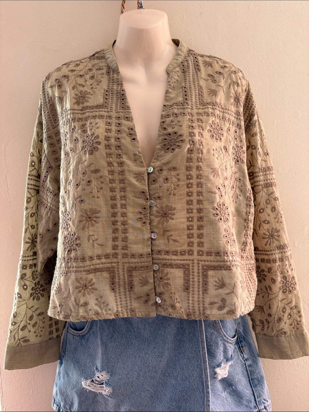 Zara Light Olive Green Floral Embroidered Button-Front Blouse
